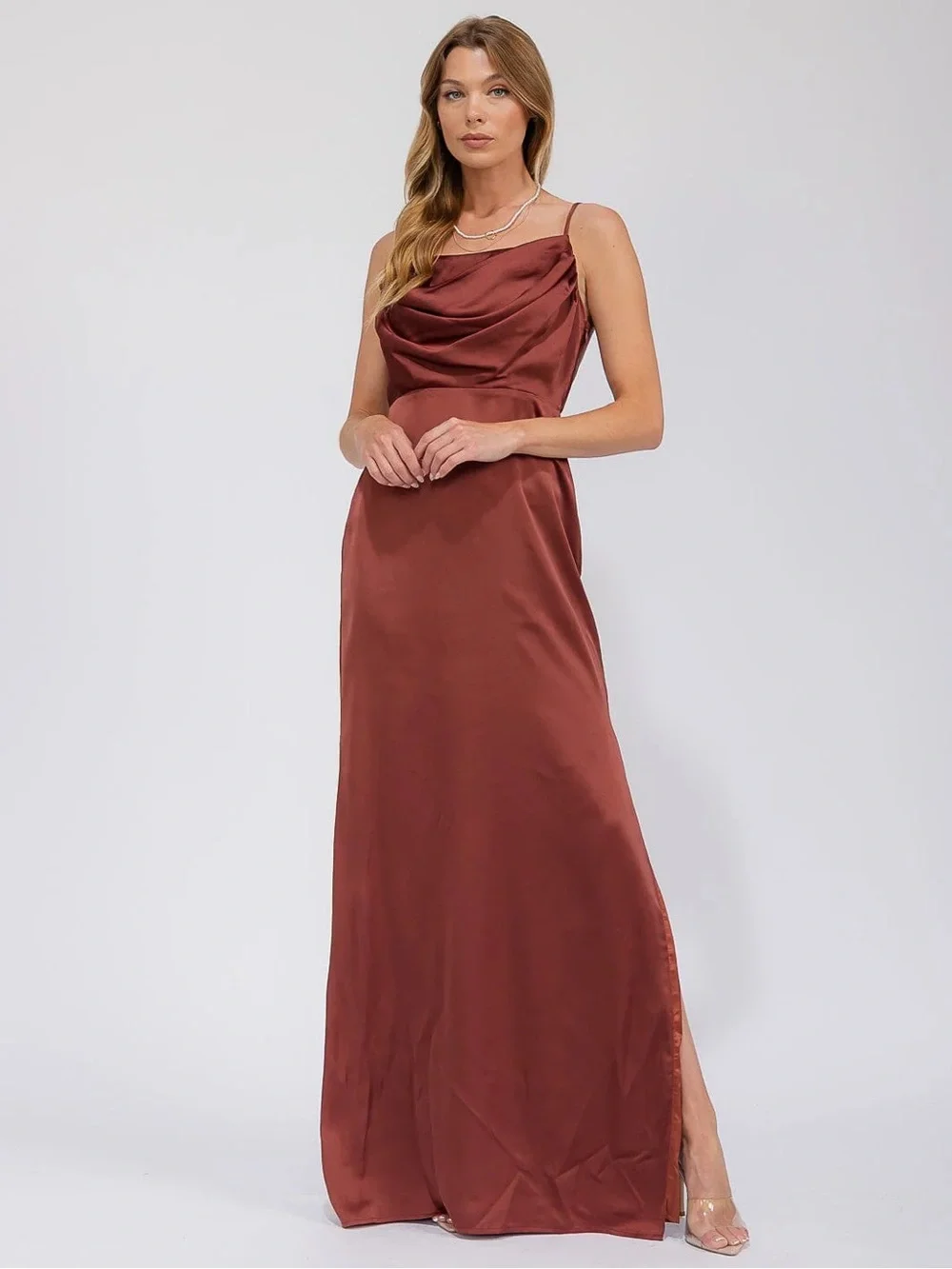 R.S.V.P. by Sugarlips | Sleeveless Cowl Neck Side Slit Bridesmaid Dress Rust New